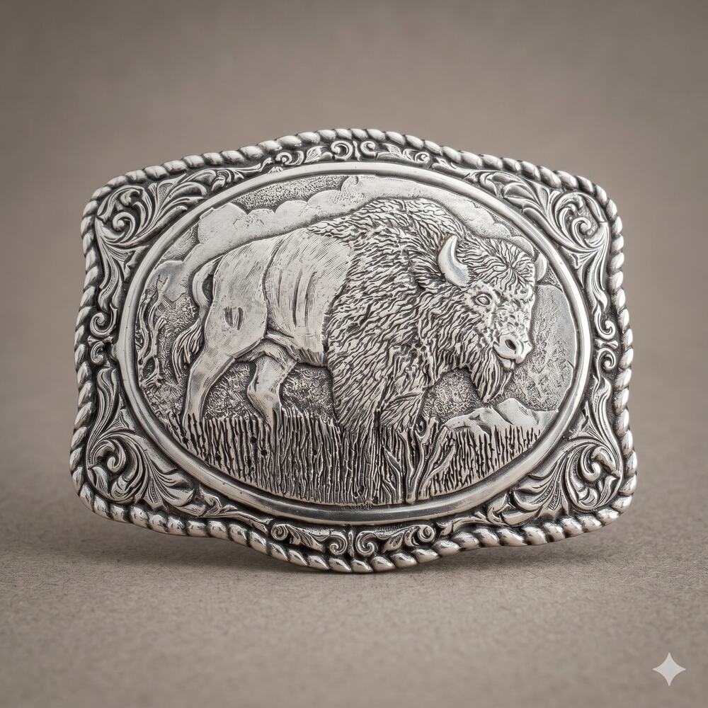 Crumrine Unisex OS Western Cowboy Primitive Engraved Buffalo Metal Belt Buckle